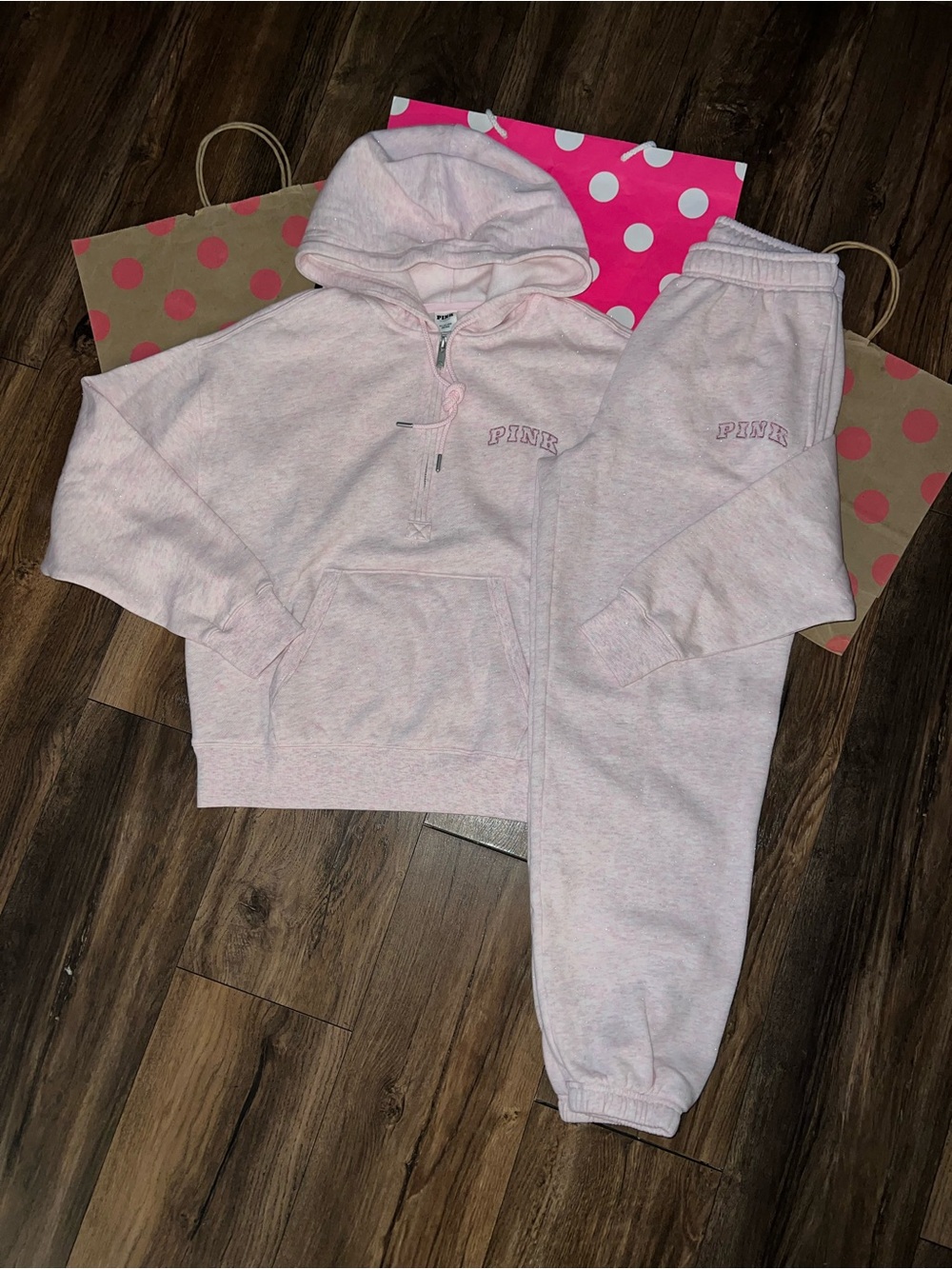 VS PINK Size XS Pink/Silver Glitter Sparkle Half Zip & Campus Pant Set.